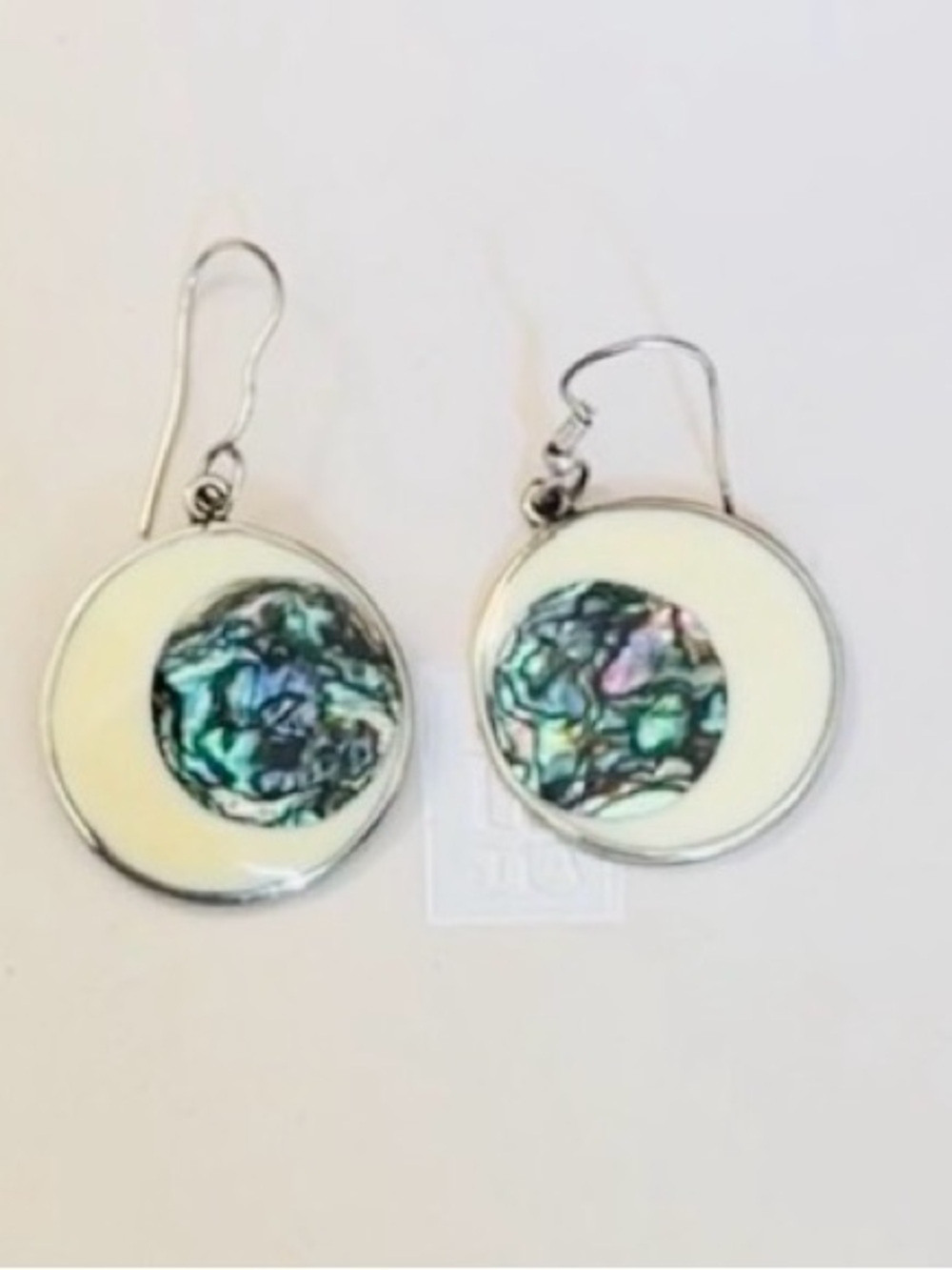 Silver-Tone Abalone Inlay Drop Earrings in Cream and Iridescent Green